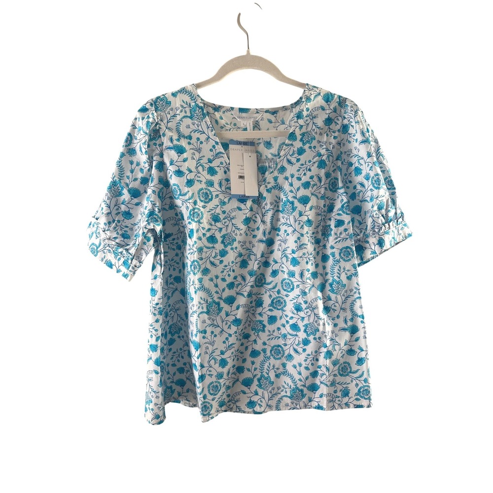 Draper James Blue Paisley Vneck Puff Sleeve Top Floral Cotton Large NEW